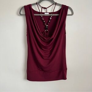Suzy Shier Y2K Burgundy Cowl Neck Sleeveless Top Built In Necklace